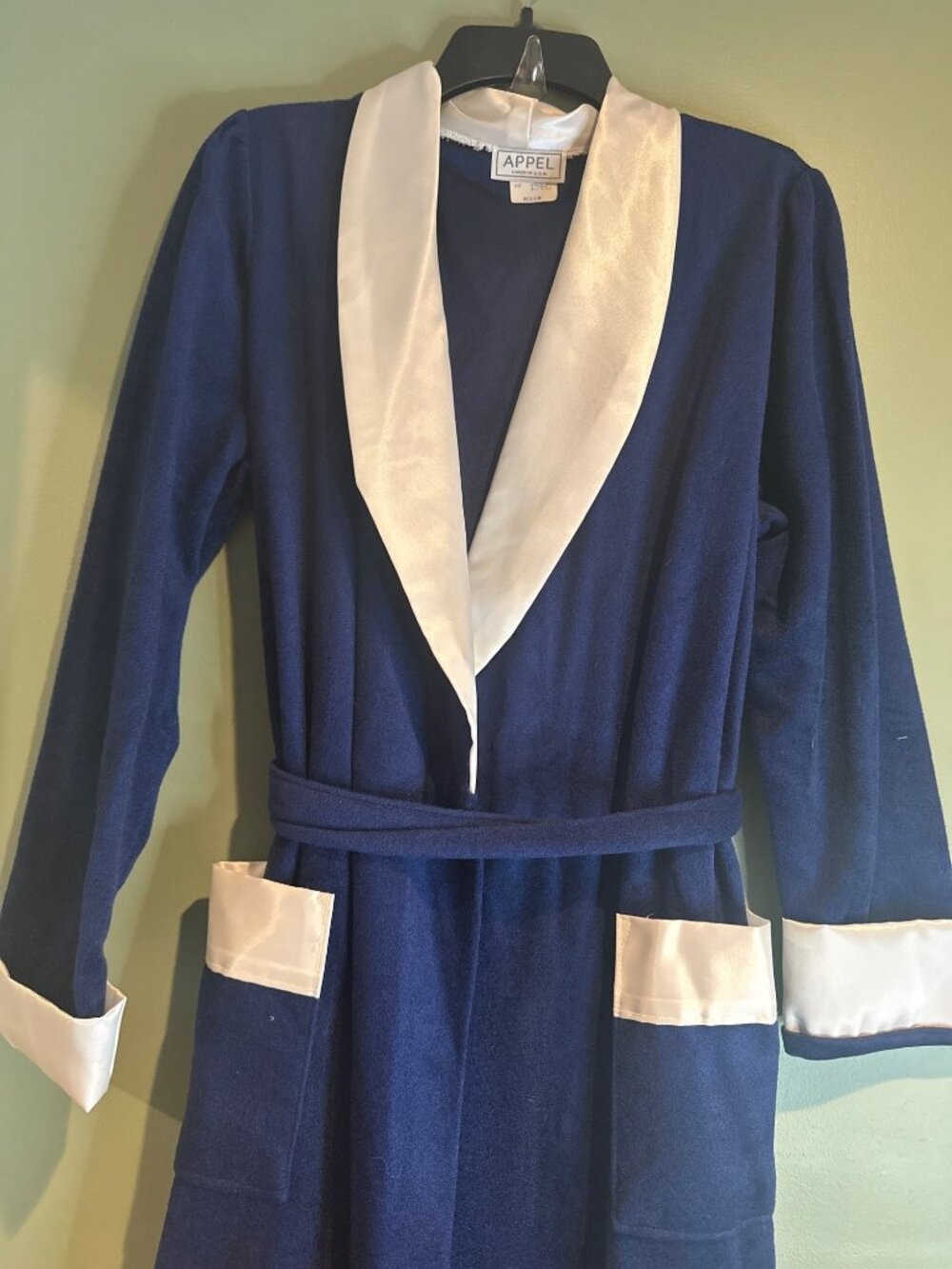Vintage Appel Women’s M Navy Satin Trim Robe USA Made Old Hollywood Glam Lounge
